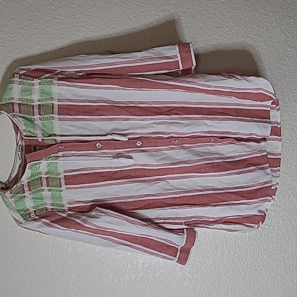 𝅺WOOLRICH Dark Pink White Striped Green Embroidered Top  organic cotton Medium - Picture 3 of 8